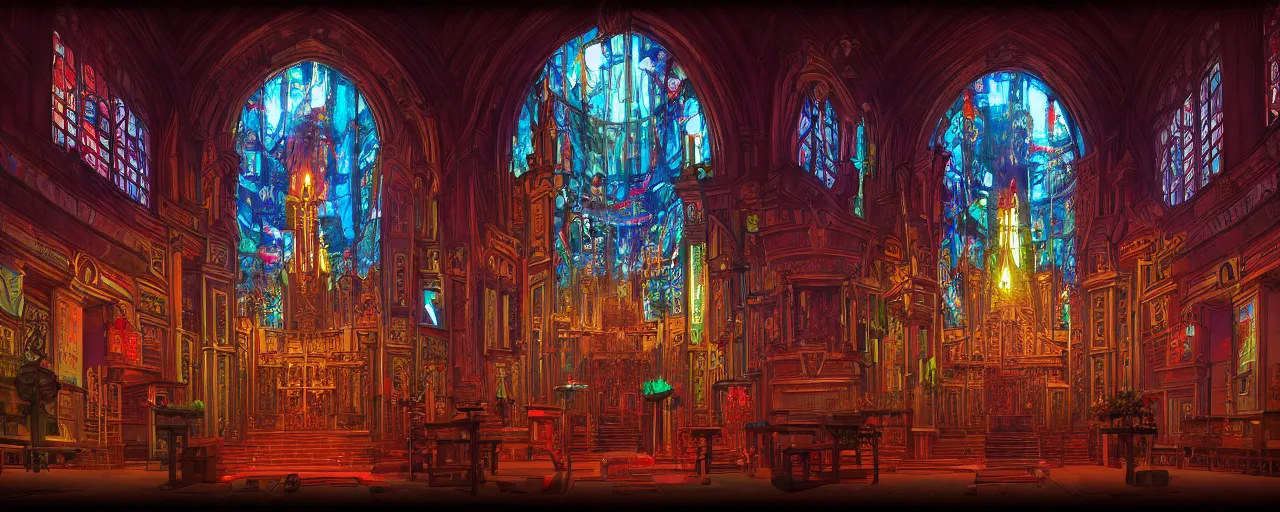 Prompt: A cyberpunk church altar, by Naomi Okubo, landscape, dramatic lighting, high contrast colors, panoramic view, as trending on Artstation,