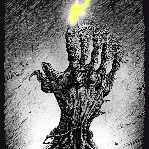 Prompt: pointing glowing hand casting holy skull spell , in the style of Greg Broadmore and junji ito and Arthur Rackham and Moebius, trending on artstation, light lighting side view,digital art,surrealism ,macro,blueprint ,vaporwave ,