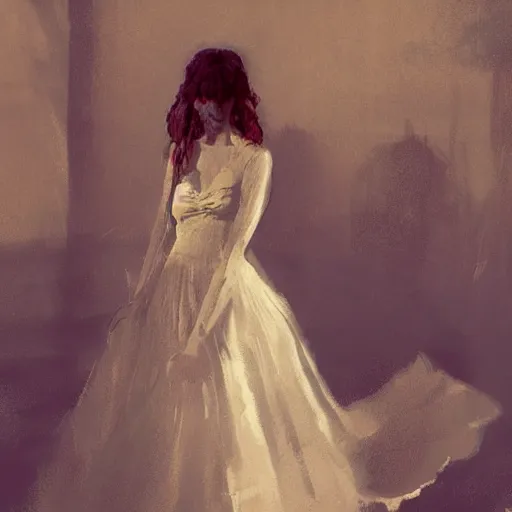 Image similar to A woman in a wedding dress in a dilapidated room, long shadow, dark room, vintage shading, warm colors, by Greg Rutkowski, artstation