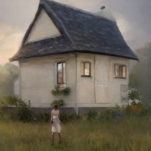 Image similar to cottage with emma watson standing in front, aesthetic, oil painting, pale colors, high detail, 8 k, wide angle, trending on artstation,