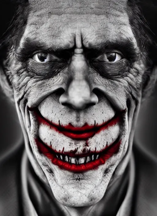 Image similar to photo of Willem Dafoe as the Joker by Lee Jeffries, detailed, award winning, Sony a7R, trending on artstation