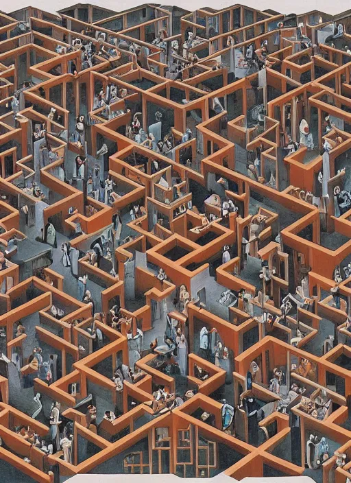 Image similar to painting of confused people lost in a complex bureaucratic maze by mc escher