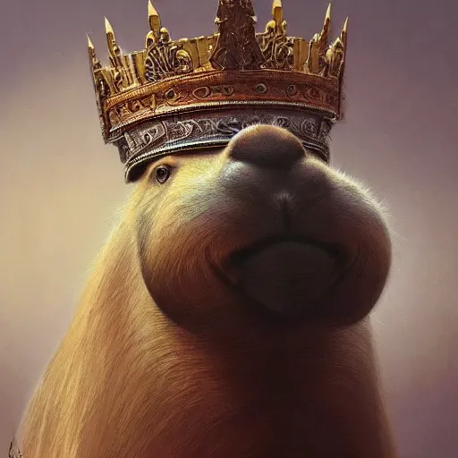 Prompt: detailed photorealistic painting of a capybara wearing a highly detailed ornamented crown typical, sharp focus in the style of ruan jia, Mandy jurgens, cinematic light, concept art, trending on artstation, photorealistic, ultra realistic