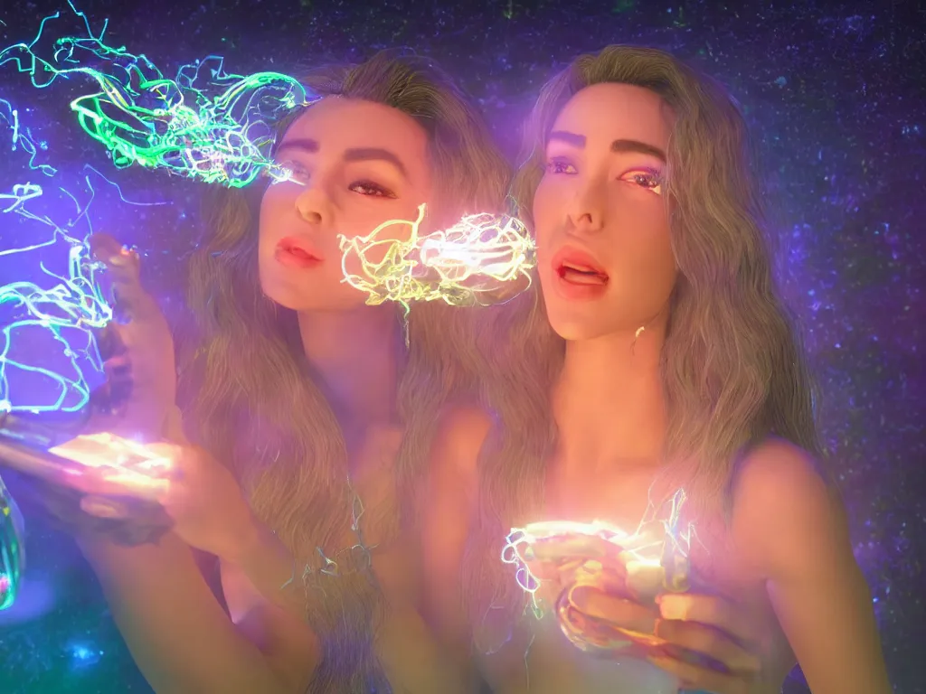 Prompt: a hyperrealistic portrait render of a beauty queen opening a bottle of glowing worms and drinking fluorescent liquid in the cosmos, unreal engine 8k