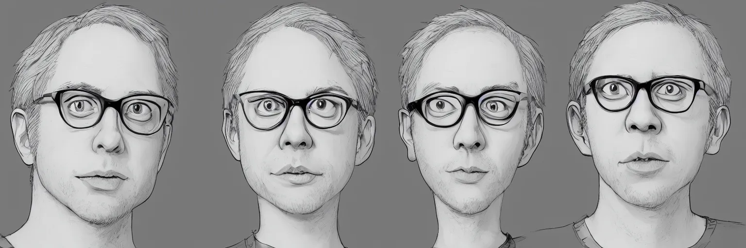 Image similar to male character study of todd solondz and tori spelling, clear faces, screenwriter, introvert, outsider, geek, disturbed, emotional, character sheet, fine details, concept design, contrast, kim jung gi, pixar and da vinci, trending on artstation, 8 k, full body and head, turnaround, front view, back view, ultra wide angle