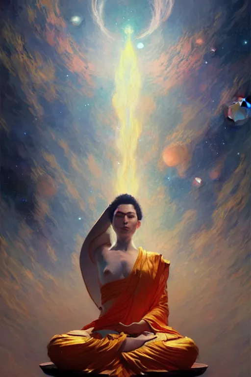 Prompt: space, buddhism, painting by greg rutkowski, artgerm, claude monet, j. c. leyendecker