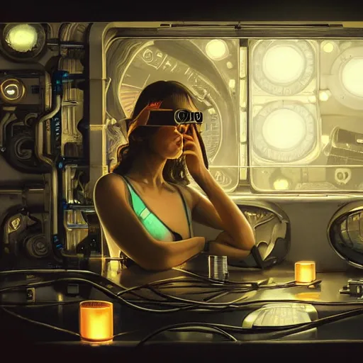 Image similar to detailed face of a synthetic sentient super - intelligent woman being powered on and nixie tube eyes warming up, warm space, cool skydome, fresh atmosphere, syd mead, livia prima, artgerm, greg rutkowski, pj crook, nick alm, casey baugh