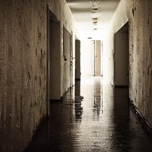 Prompt: dark hallway, dim lighting, water dripping from ceiling, broken walls