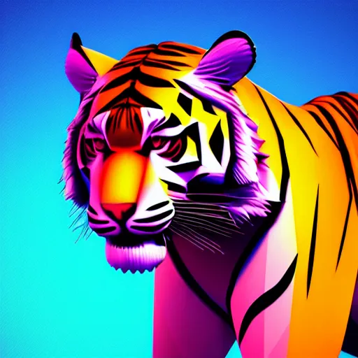 Prompt: ultra low low poly visible polygons stylized render of a tiger animal full body render vaporwave blue and pink neon