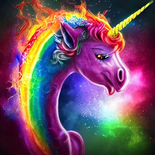 Image similar to unicorn dragon spitting rainbow fire, realistic