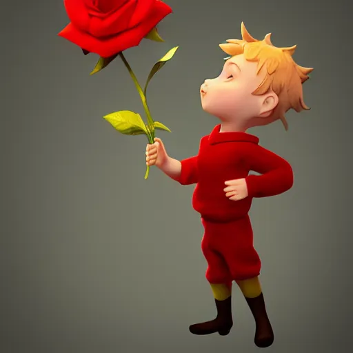 Image similar to cinematic scene of the little prince holding a red rose illustration, bokeh, octane render, award winning, trending on art station