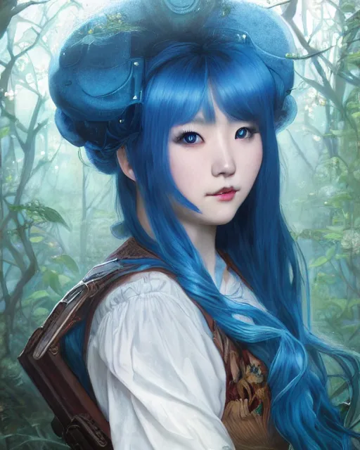 Prompt: symmetrical portrait of a pretty korean girl with blue hair dressed as alice in wonderland, beautiful sparkling blue eyes, dark forest background, moonlight, digital painting, 8 k, concept art, art by wlop, artgerm, greg rutkowski and alphonse mucha