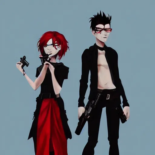 Image similar to a concept art of a boy and a girl with red hair holding a gun, gothic clothes, clean silhouette, highly detailed, digital painting, artstation, concept art, smooth, sharp focus, illustration