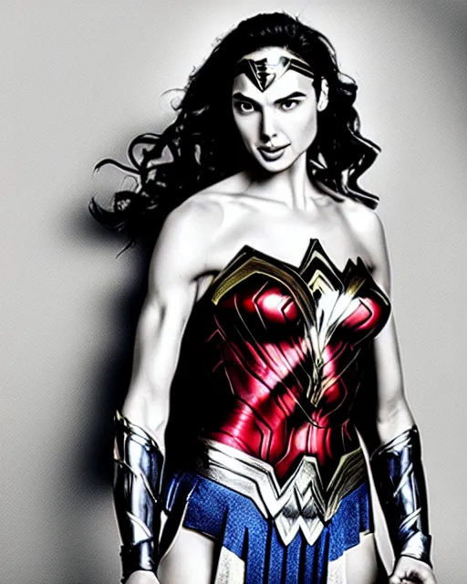 Image similar to gal gadot as she crinkles her nose while laughing, dressed as wonder woman, photorealistic, black and white photography, hdr color, hyperreal