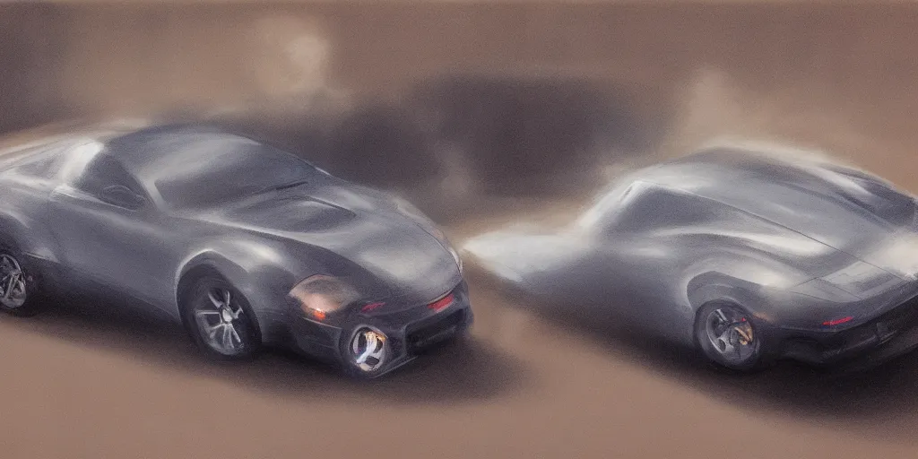 Image similar to full view of a single sport car, surrounded in dust clouds, driver leaning on the car\'s door outside, busy wet street at night, painted in dark color holographic pearlescent, elegant, digital painting, concept art, smooth, sharp focus, art style from Wang Ke and Greg Rutkowski and Bruce Kaiser and Scott Robertson and Dmitry Mazurkevich and Doruk Erdem and Jon Sibal, small style cue from Mad Max
