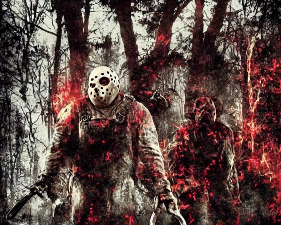 Image similar to a horror movie poster featuring jason voorhees at an arcade