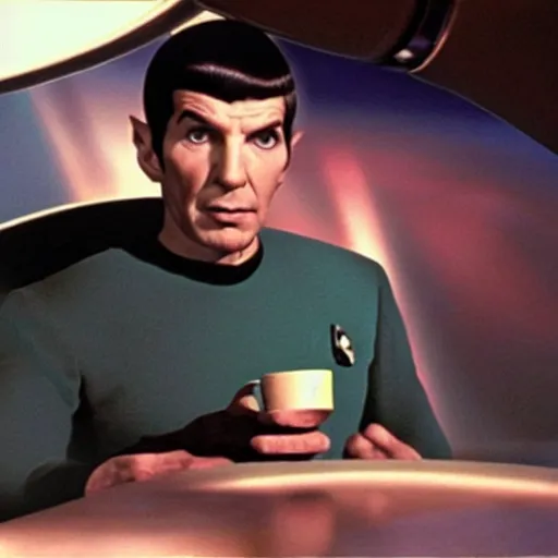 Image similar to mr spock drinking coffee on the bridge of the enterprise, cinematic, movie still