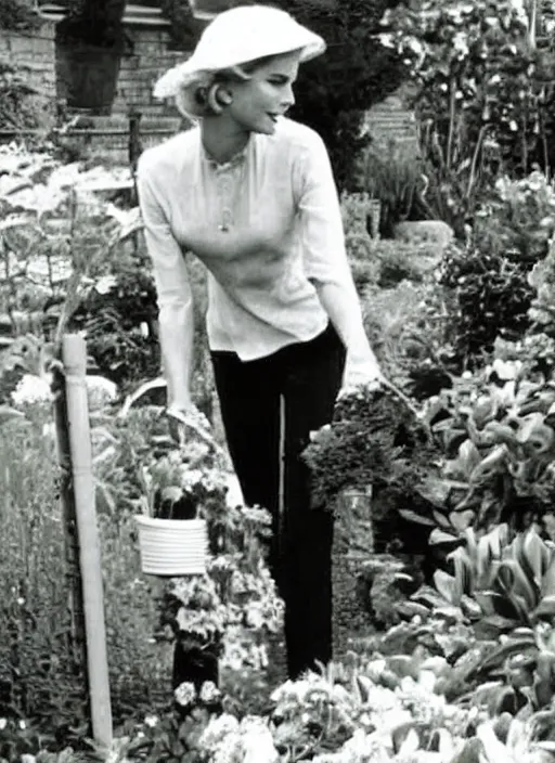 Image similar to a grainy film photo of Grace Kelly gardening, take with a Kodak Brownie Camera