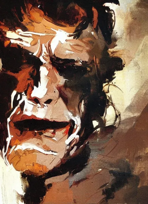 Image similar to willem dafoe, painting by phil hale, fransico goya,'action lines '!!!, graphic style, visible brushstrokes, motion blur, blurry