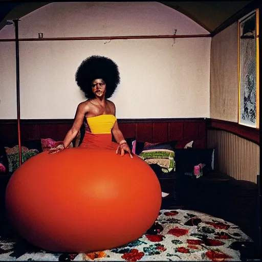 Prompt: afro woman on ball room, by nan goldin, 7 0 s, queer community, photograph