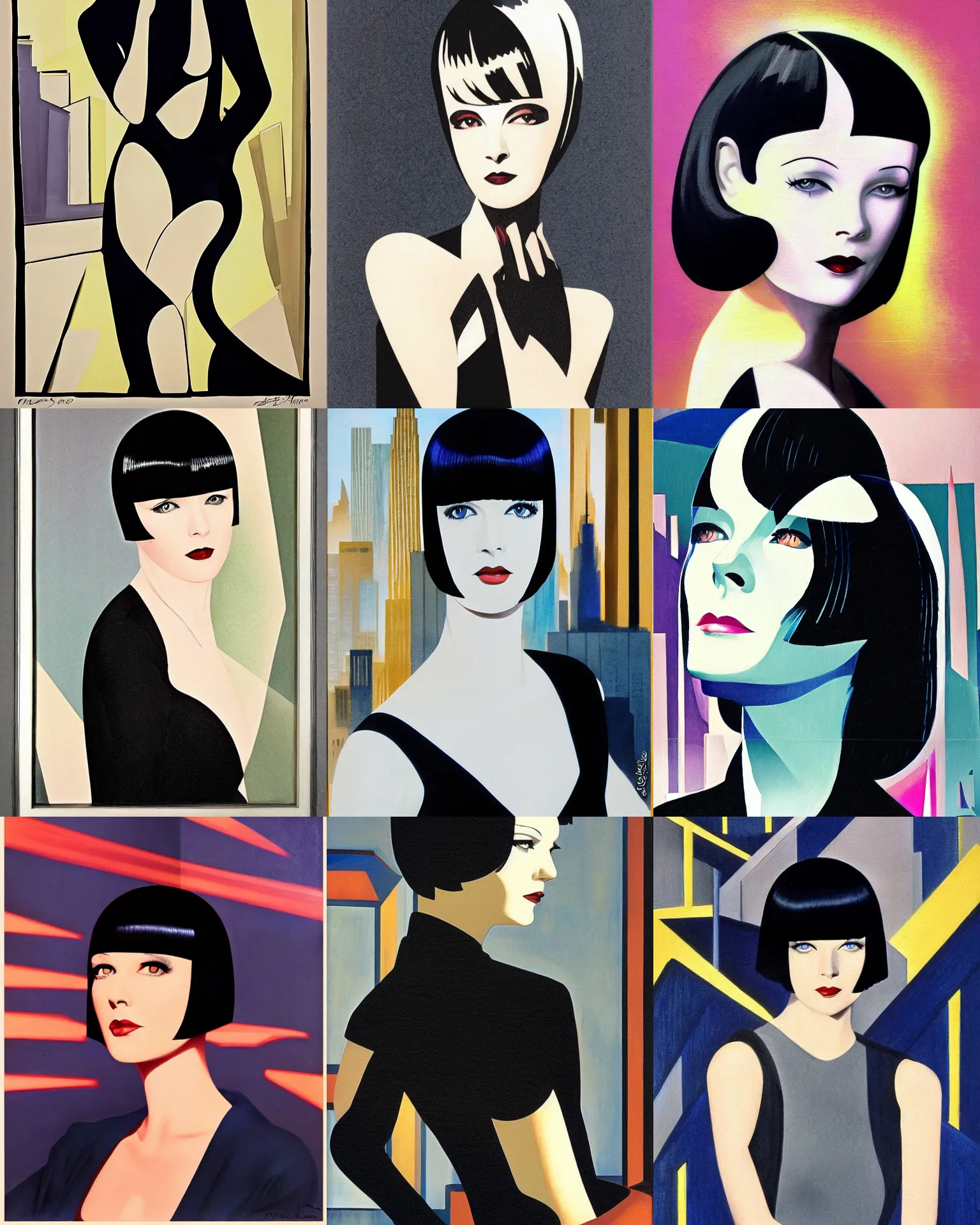 Prompt: mary louise brooks, shiny bob haircut, dramatic light, art deco city background, high contrast, sharp, painted by stanley lau,, painted by stanley artgerm,, painted by patrick nagel