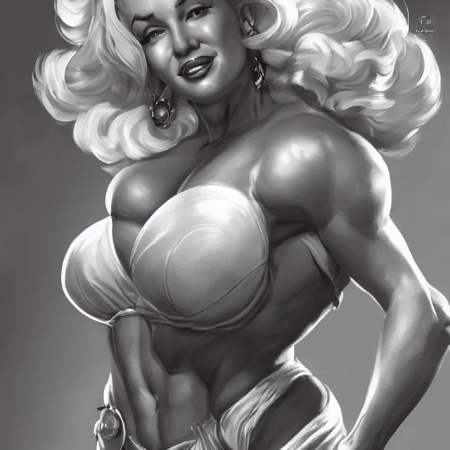 Image similar to detailed portrait of marilyn monroe as a female bodybuilder zarya from overwatch, attractive, beautiful, fantasy, intricate, elegant, highly detailed, digital painting, artstation, concept art, matte, sharp focus, illustration, art by aenaluck, artgerm and roberto ferri and greg rutkowski, epic fantasy, digital painting