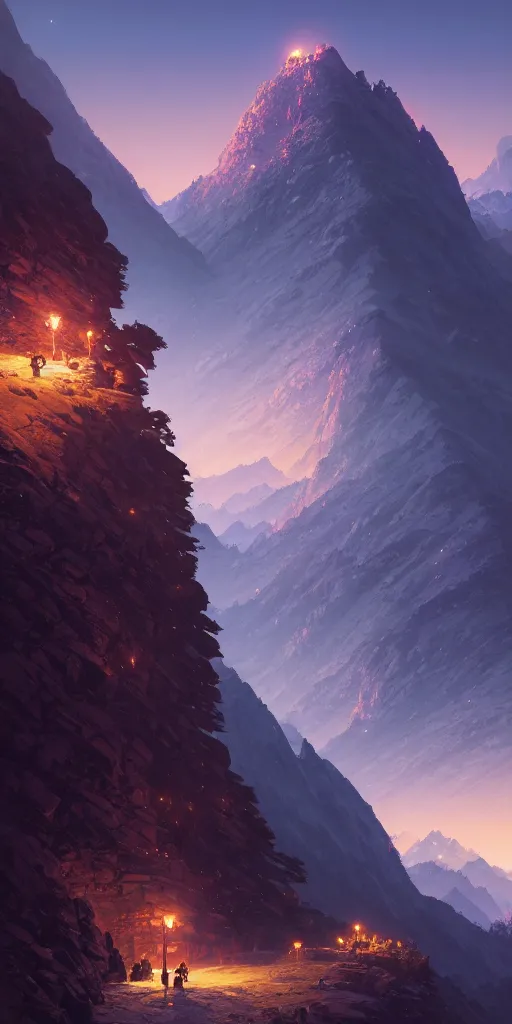 Image similar to highly detailed mountain in night, gta v, stephen bliss, unreal engine, fantasy art by greg rutkowski, loish, rhads, ferdinand knab, makoto shinkai and lois van baarle, ilya kuvshinov, rossdraws, tom bagshaw, global illumination, radiant light, detailed and intricate environment