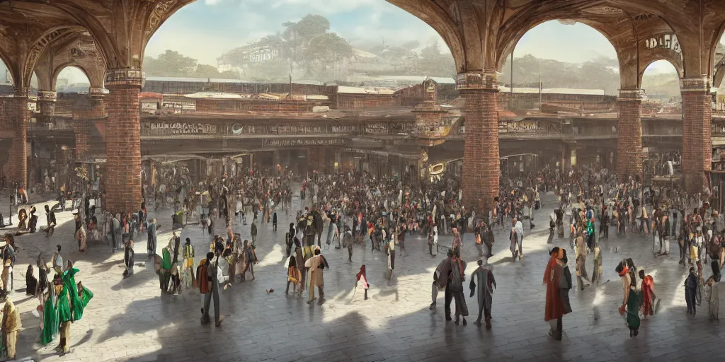 Image similar to cinematic movie scene, establishing shot, precise architectural rendering, interior of british era india railway station, bustling with people and, emerald, crystalline, detailed illustration, sharp focus, concept art, unreal engine, octane render, god rays, aesthetic