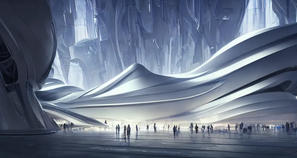 Image similar to cinematic shot, futuristic building, crowded, utopian, zaha hadid, bright, white, lights, digital painting, artstation, concept art, smooth, sharp focus, illustration, intricate, elegant, highly detailed, in the style of greg rutkowski and alphonse mucha and artemisia, 8 k, highly detailed, jurgens, rutkowski