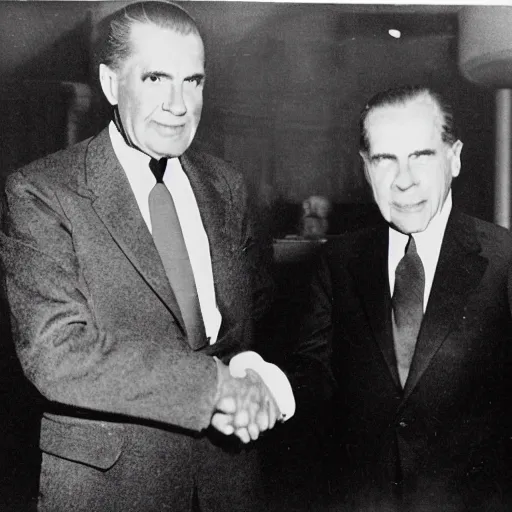 Image similar to Reptilian creature shaking hands with Nixon, photo pic set in 1920s