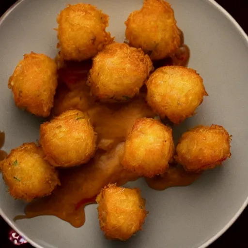 Image similar to food photo of channing tatum's face as tater tot on a plate with ketchup