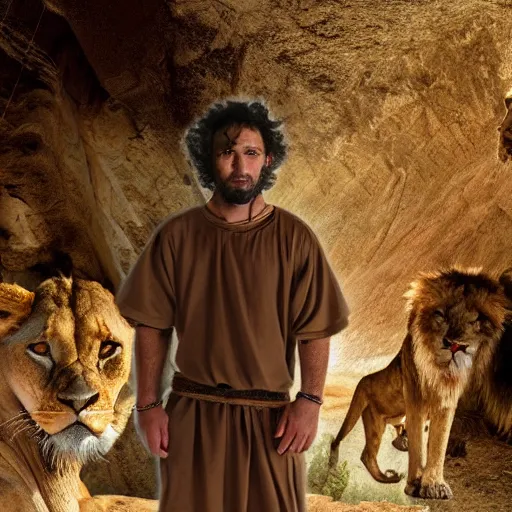 Image similar to film still of 3 5 year old man in ancient canaanite clothing surrounded by ferocious lions. cave interior background, hd wallpaper, 8 k