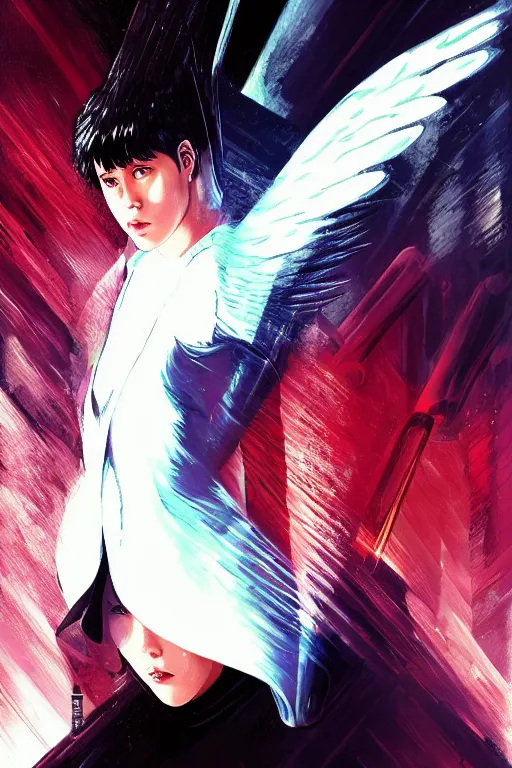 Image similar to white arc-angel with mystic robotic wings, blade runner, akira, ghost in the shell, 2077, ultra detailed, digital art, 8k ,character ,realistic, portrait, hyperrealistic