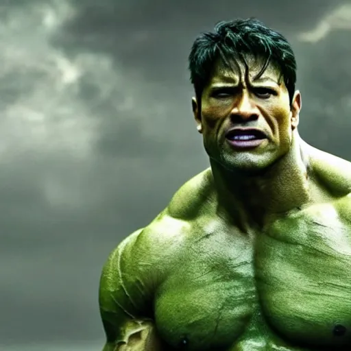 Image similar to dwayne johnson as incredible hulk, marvel cinematic universe, mcu, 4 k, raw, green skin, in - frame,