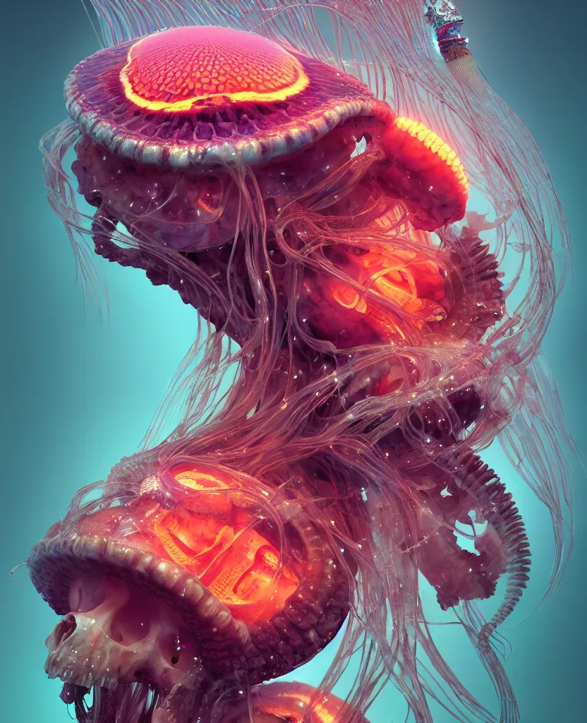 Image similar to goddess close-up portrait ram skull. jellyfish phoenix head, nautilus, orchid, skull, betta fish, bioluminiscent creatures, intricate artwork by Tooth Wu and wlop and beeple. octane render, trending on artstation, greg rutkowski very coherent symmetrical artwork. cinematic, hyper realism, high detail, octane render, 8k