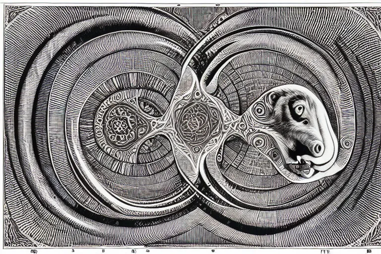 Image similar to an ornate illustration in the styles of mandalas and fractals, the styles of escher and penrose, depicting a weasel staring deep into the heart of the impossible all - and - nothing of the emerging technological singularity ; / what has god wrought? / he seems to be whispering.