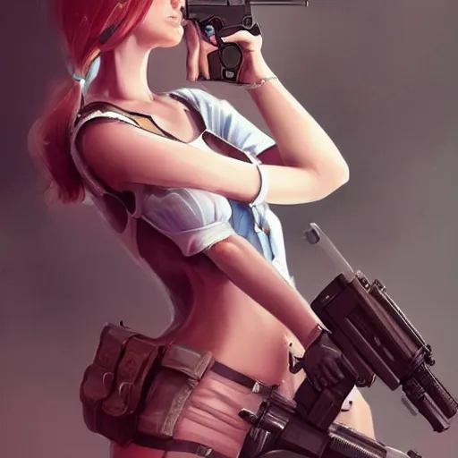 Prompt: beautiful woman with a gun, artstation, wlop, highly detailed