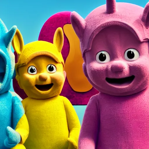 Prompt: Teletubbies with wide open eyes and smile, highly detailed, sharp focus, octane render, realistic eyes