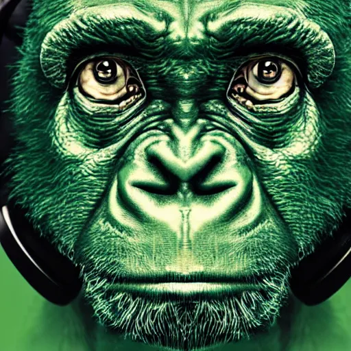 Image similar to a high quality photo of a green chimp wearing headphones, realism, 8k