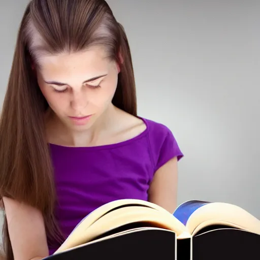 Prompt: photograph of a girl reading book, her hair flowing down. Extremely detailed. 8k