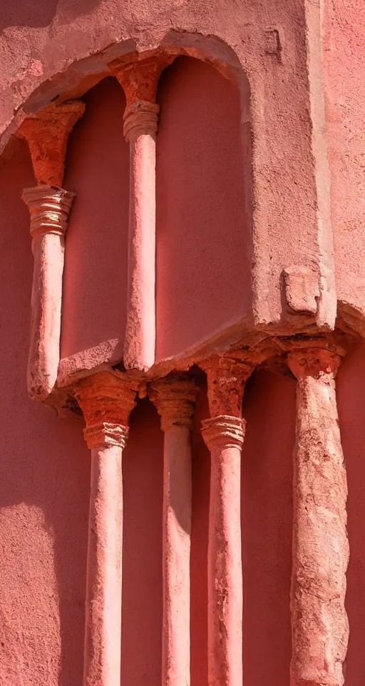 Image similar to pastel red ancient spanish architecture, clear sky, beautiful, minimalistic, aesthetic, two tone, photorealistic