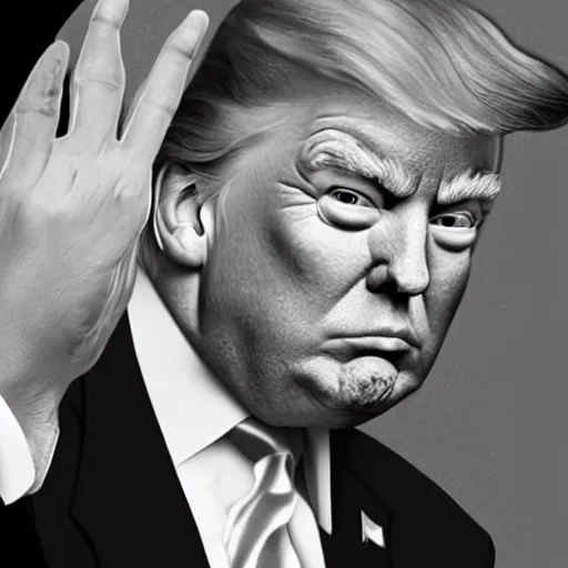 Image similar to a realistic portrait of Donald Trump with tiny hands, black and white photograph, hands are waving