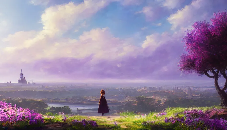 Prompt: over the shoulder landscape painting of violet evergarden standing on a distant colorful flower hill, behind it a distant old european city leiden from violet evergarden next to the reflecting ocean, ocean, sunshine, fantasy, intricate, elegant, highly detailed, digital painting, artstation, blender, unreal engine 5, octane render, smooth, sharp focus, illustration, by Anton Fadeev and Philipp A. Urlich and Pengzhen Zhang and Andreas Rocha