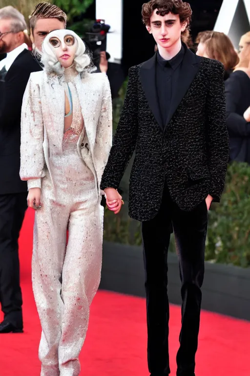 Image similar to timothee chalamet and lady gaga holding hands on the red carpet, beautiful detailed faces