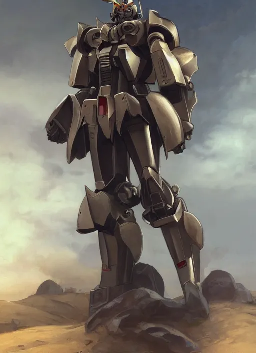 Image similar to medium-length portrait of a male paladin with short curly hair and a salt-and-pepper beard, dark brown skin, wears a suit of power armor, magitech!, gundam, medieval setting, highly detailed, digital painting, artstation, concept art, sharp focus, illustration, art by greg rutkowski and alphonse mucha
