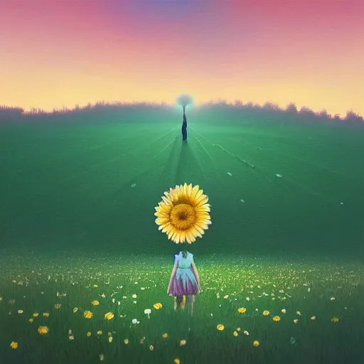 Image similar to giant daisy flower as a head, girl walking in field, surreal photography, moon light, dark night, dramatic, impressionist painting, clouds, digital painting, artstation, simon stalenhag