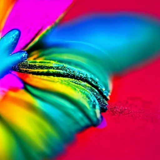 Prompt: closeup photo of rainbow - colored flower with 7 petals, held by hand, shallow depth of field, cinematic, 8 0 mm, f 1. 8