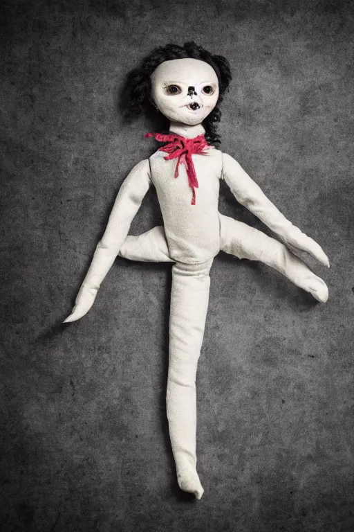 Prompt: a photo graph of a tpose creepy doll on black back ground