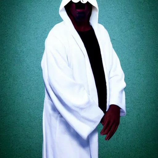 Prompt: A man in a white robe with googly eyes over the robe. He has his face covered by a robe. His eyes are only shown, along with his black face. He resembles Hyness. 3D art.