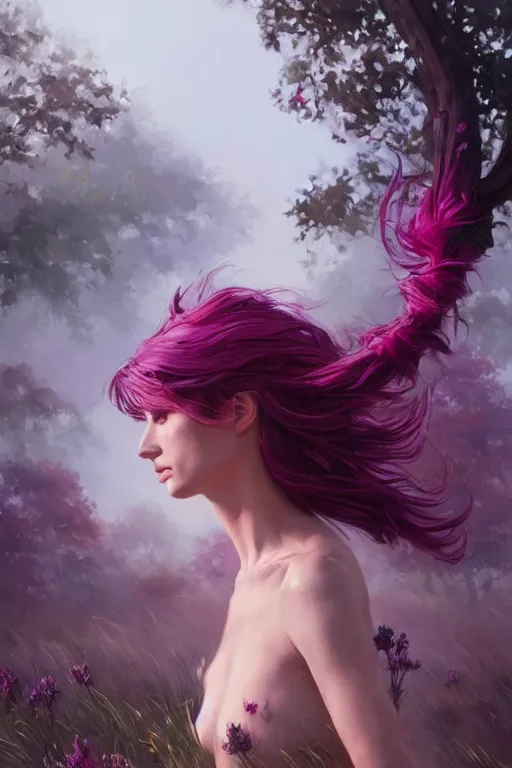 Prompt: a highly detailed oil painting of A beautiful woman, with shoulder length magenta hair, standing in a grassy field with large obsidian crystals, with a tree in the background, cinematic lighting, dramatic atmosphere, by Dustin Nguyen, Akihiko Yoshida, Greg Tocchini, Greg Rutkowski, Cliff Chiang, 4k resolution, trending on artstation patreon twitter